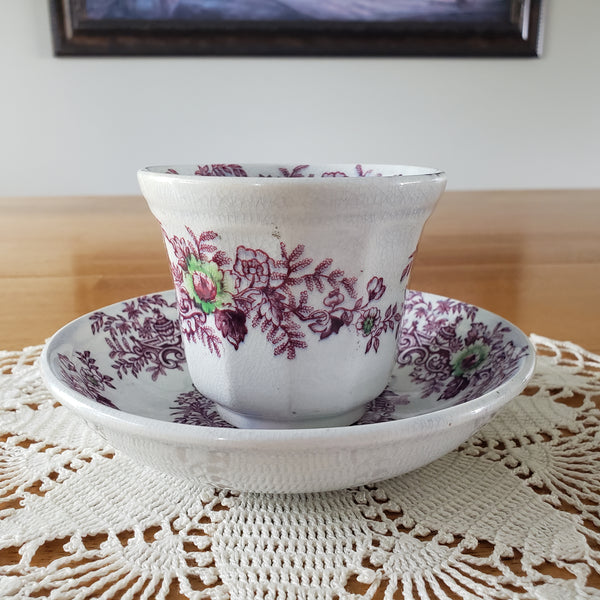 Antique Ironstone Purple Transferware Handleless Cup & Saucer John Wedgwood England