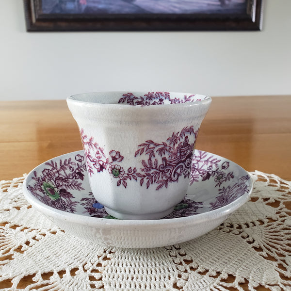 Antique Ironstone Purple Transferware Handleless Cup & Saucer John Wedgwood England