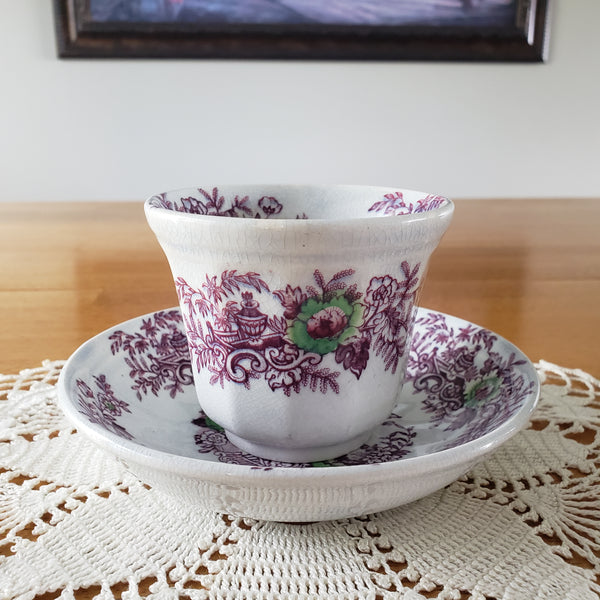 Antique Ironstone Purple Transferware Handleless Cup & Saucer John Wedgwood England