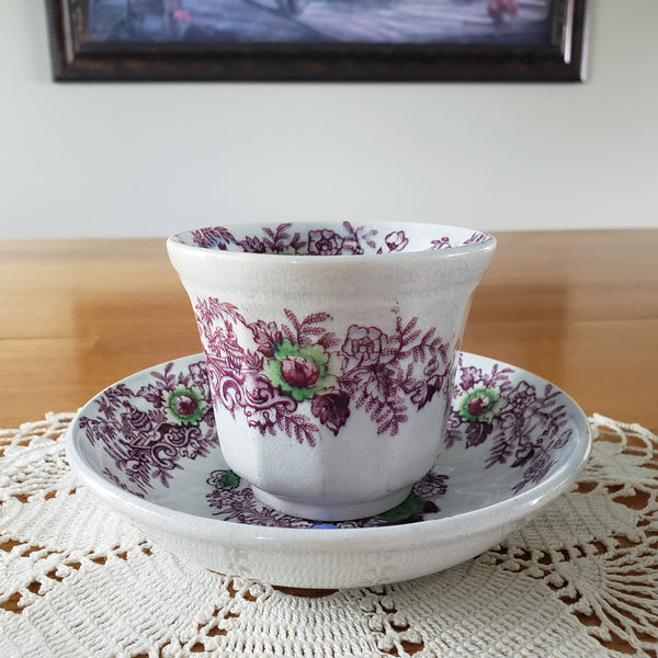 Antique Ironstone Purple Transferware Handleless Cup & Saucer John Wedgwood England