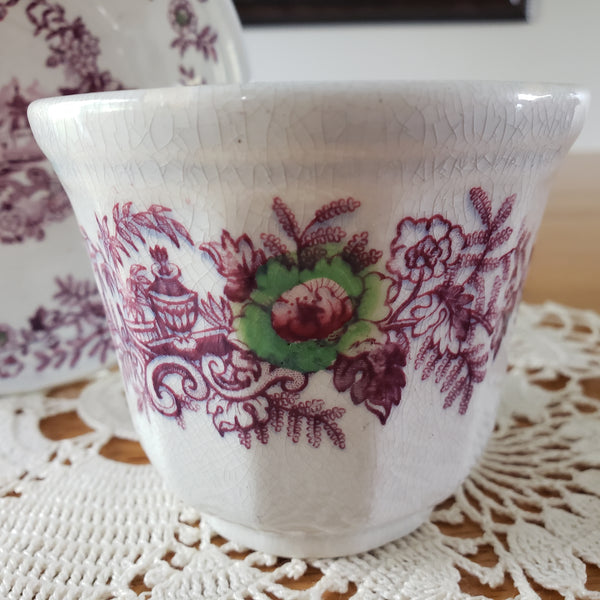 Antique Ironstone Purple Transferware Handleless Cup & Saucer John Wedgwood England