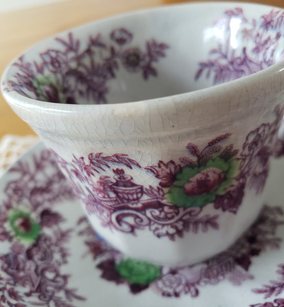 Antique Ironstone Purple Transferware Handleless Cup & Saucer John Wedgwood England