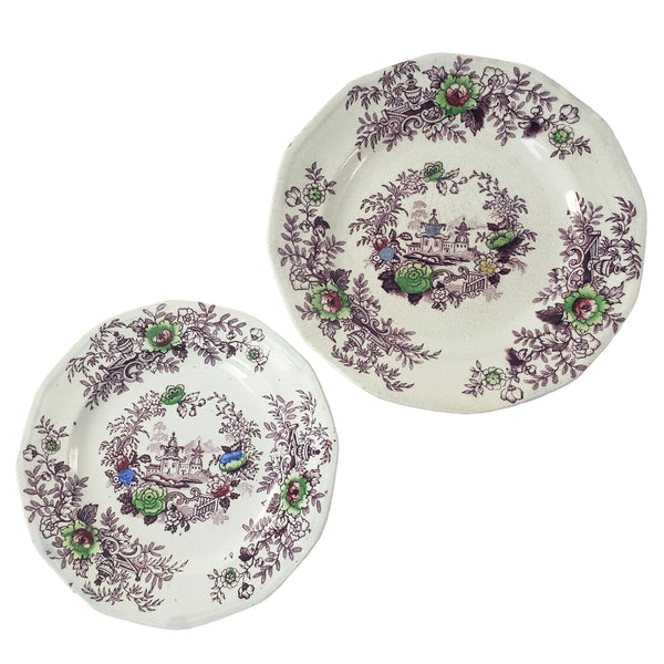 Antique Ironstone Purple Transfer Plates TYROL Set of 2 John Wedgwood England