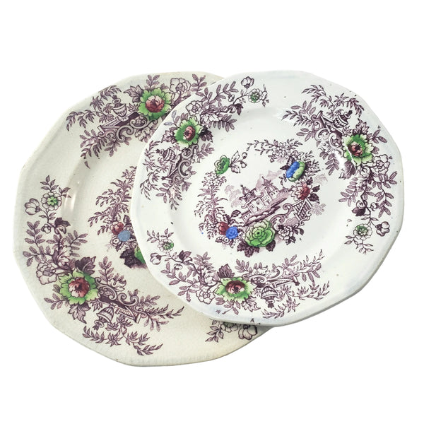 Antique Ironstone Purple Transfer Plates TYROL Set of 2 John Wedgwood England