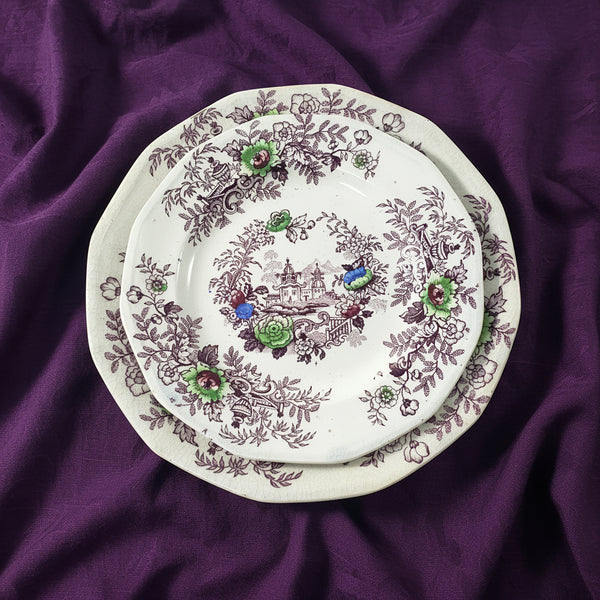 Antique Ironstone Purple Transfer Plates TYROL Set of 2 John Wedgwood England