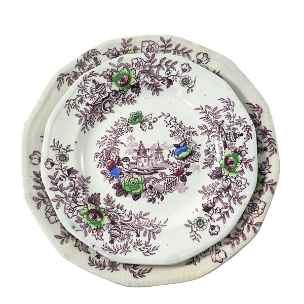 Antique Ironstone Purple Transfer Plates TYROL Set of 2 John Wedgwood England