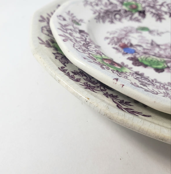 Antique Ironstone Purple Transfer Plates TYROL Set of 2 John Wedgwood England