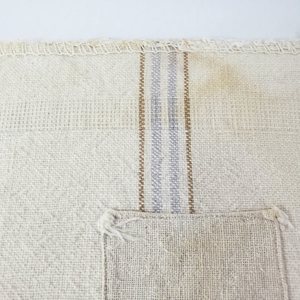 Vintage Farmhouse Sewn Grain Feed Sacks Blue & Brown Stripes Authentic Rural Patchwork
