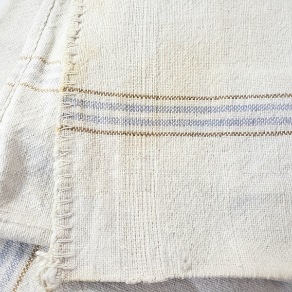 Vintage Farmhouse Sewn Grain Feed Sacks Blue & Brown Stripes Authentic Rural Patchwork