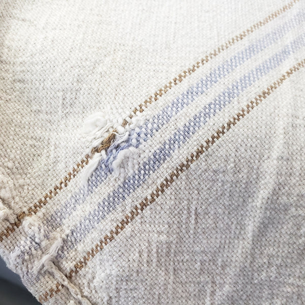 Vintage Farmhouse Sewn Grain Feed Sacks Blue & Brown Stripes Authentic Rural Patchwork