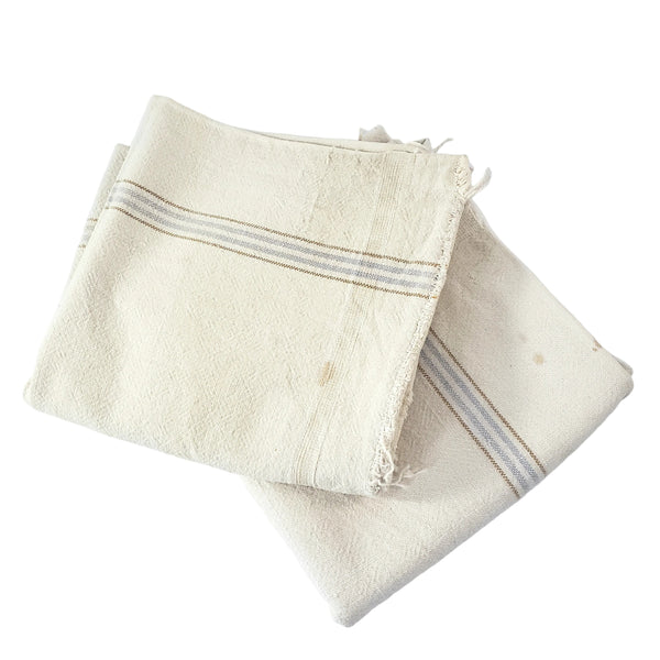 Vintage Farmhouse Sewn Grain Feed Sacks Blue & Brown Stripes Authentic Rural Patchwork
