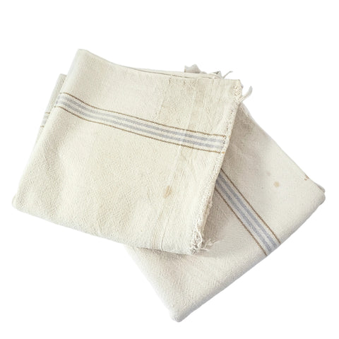 Vintage Farmhouse Sewn Grain Feed Sacks Blue & Brown Stripes Authentic Rural Patchwork