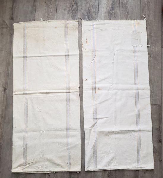 Vintage Farmhouse Sewn Grain Feed Sacks Blue & Brown Stripes Authentic Rural Patchwork