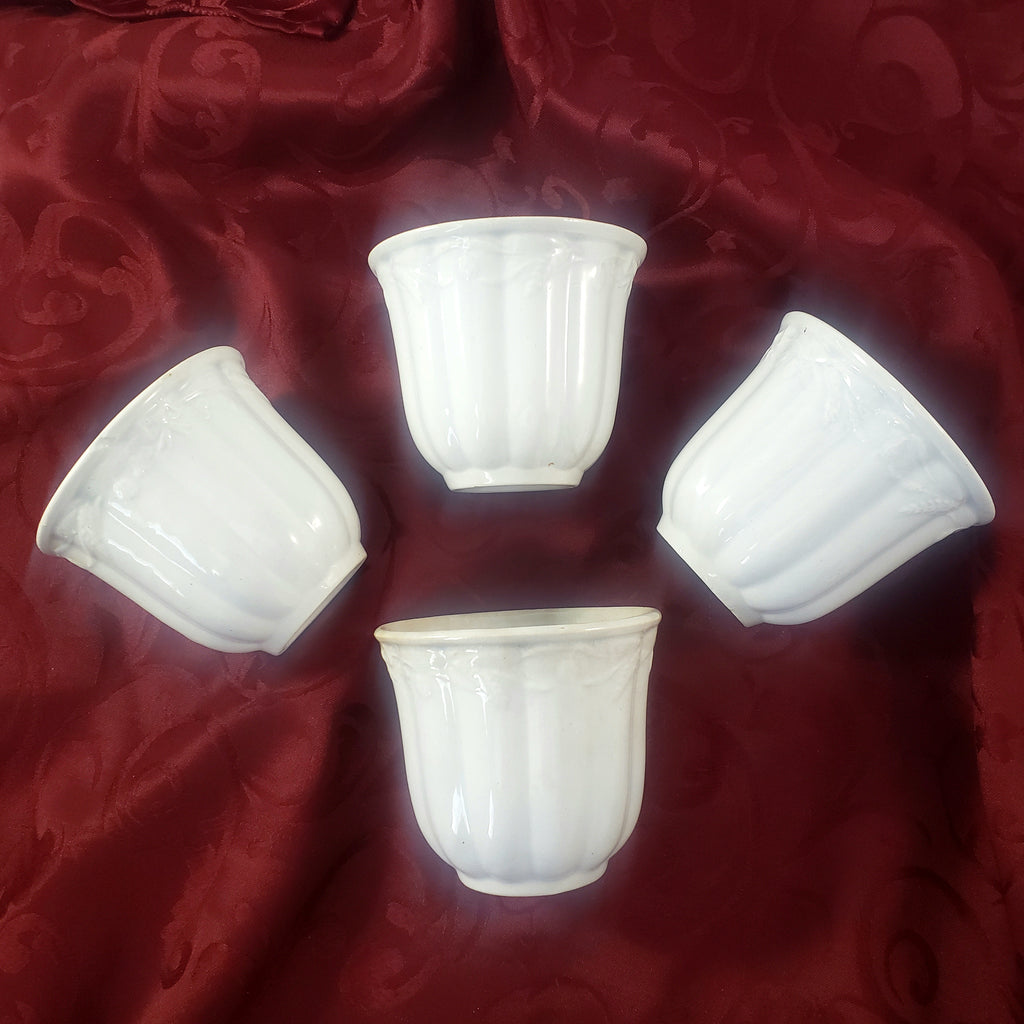 Antique English White Ironstone Handleless Cups Set of 4 Bow Clover Wheat Pattern