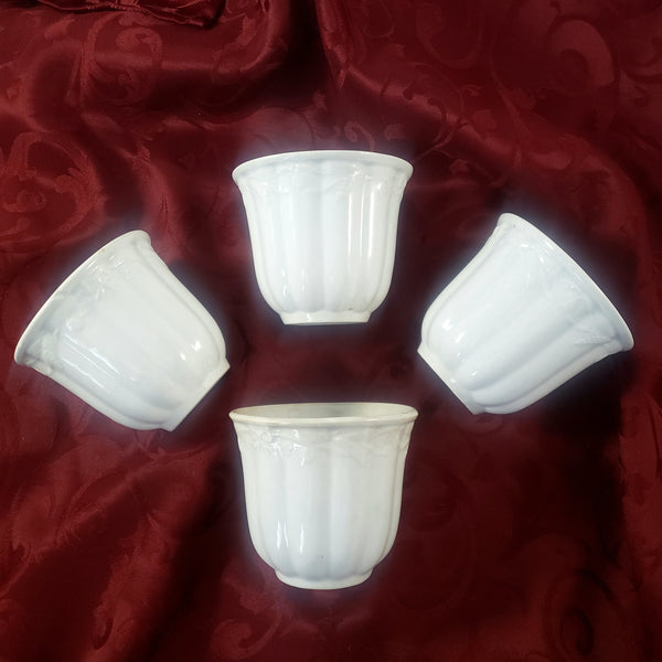 Antique English White Ironstone Handleless Cups Set of 4 Bow Clover Wheat Pattern
