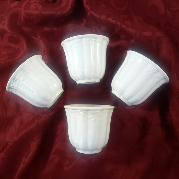 Antique English White Ironstone Handleless Cups Set of 4 Bow Clover Wheat Pattern