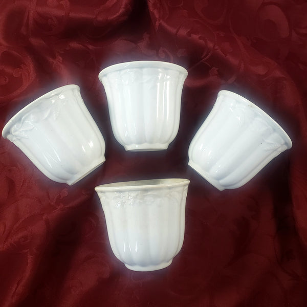 Antique English White Ironstone Handleless Cups Set of 4 Bow Clover Wheat Pattern