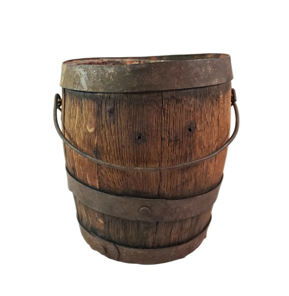 Antique Rustic Wooden Small Staved Paint Bucket Banded Early Orange Painted Base