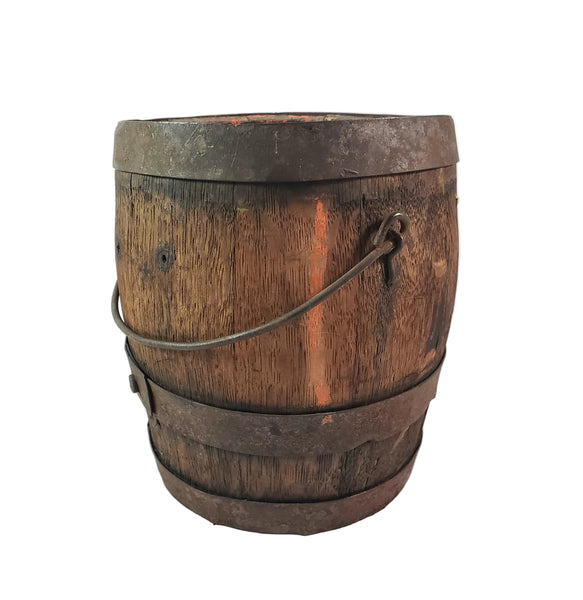 Antique Rustic Wooden Small Staved Paint Bucket Banded Early Orange Painted Base