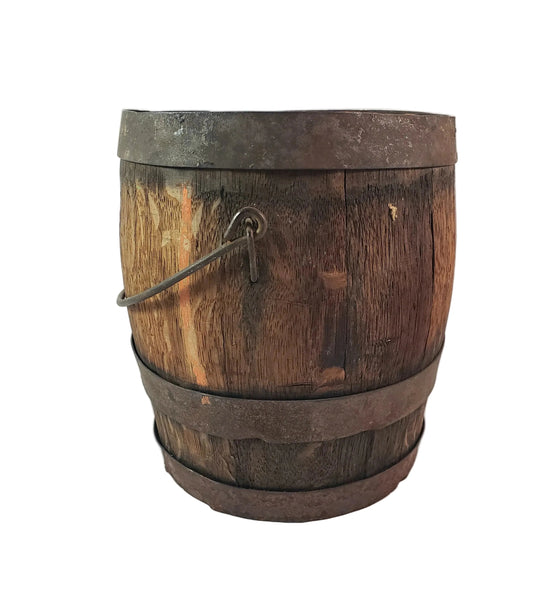 Antique Rustic Wooden Small Staved Paint Bucket Banded Early Orange Painted Base