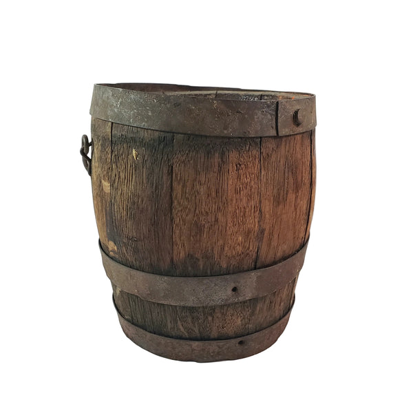 Antique Rustic Wooden Small Staved Paint Bucket Banded Early Orange Painted Base