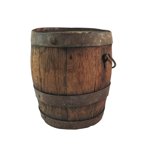 Antique Rustic Wooden Small Staved Paint Bucket Banded Early Orange Painted Base