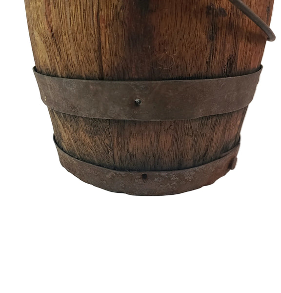 Antique Rustic Wooden Small Staved Paint Bucket Banded Early Orange Painted Base