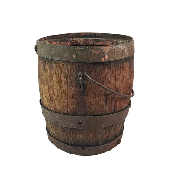 Antique Rustic Wooden Small Staved Paint Bucket Banded Early Orange Painted Base
