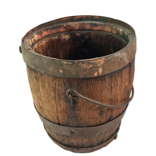 Antique Rustic Wooden Small Staved Paint Bucket Banded Early Orange Painted Base