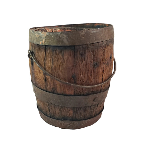 Antique Rustic Wooden Small Staved Paint Bucket Banded Early Orange Painted Base