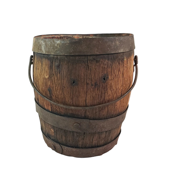 Antique Rustic Wooden Small Staved Paint Bucket Banded Early Orange Painted Base