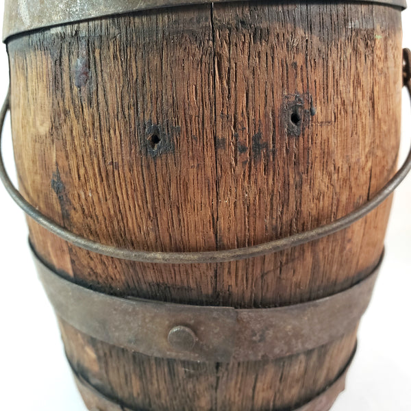 Antique Rustic Wooden Small Staved Paint Bucket Banded Early Orange Painted Base