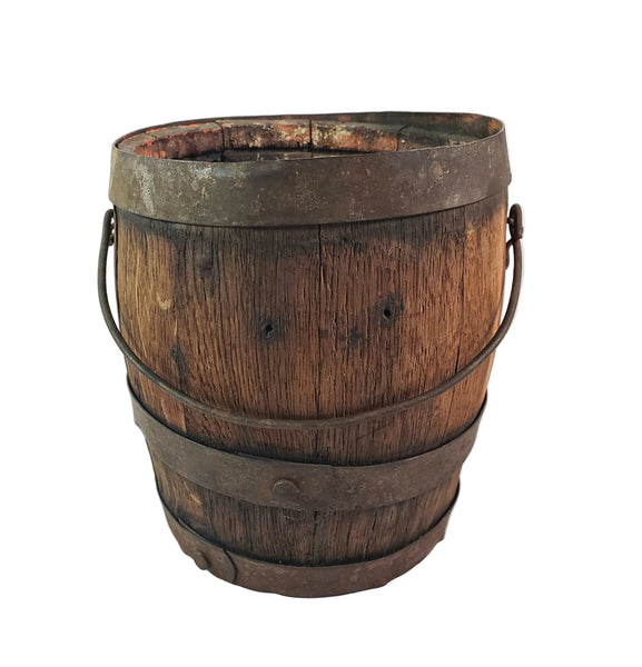 Antique Rustic Wooden Small Staved Paint Bucket Banded Early Orange Painted Base