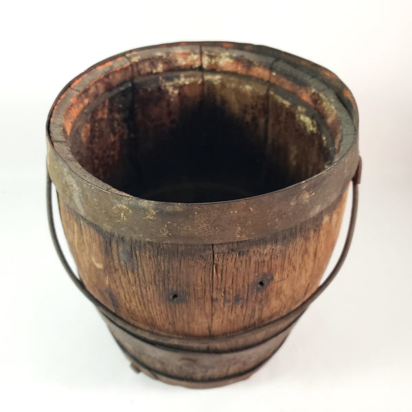 Antique Rustic Wooden Small Staved Paint Bucket Banded Early Orange Painted Base