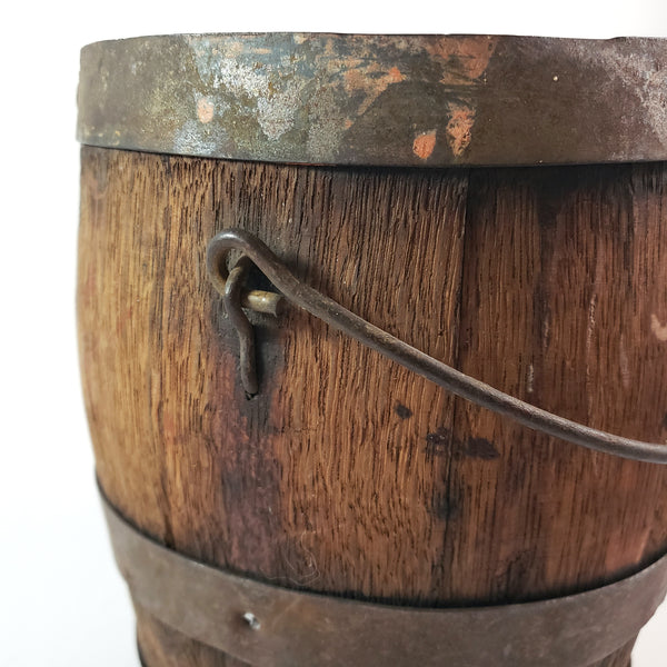 Antique Rustic Wooden Small Staved Paint Bucket Banded Early Orange Painted Base