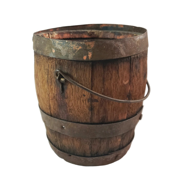 Antique Rustic Wooden Small Staved Paint Bucket Banded Early Orange Painted Base