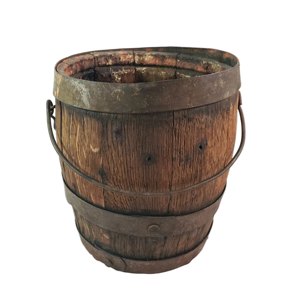 Antique Rustic Wooden Small Staved Paint Bucket Banded Early Orange Painted Base