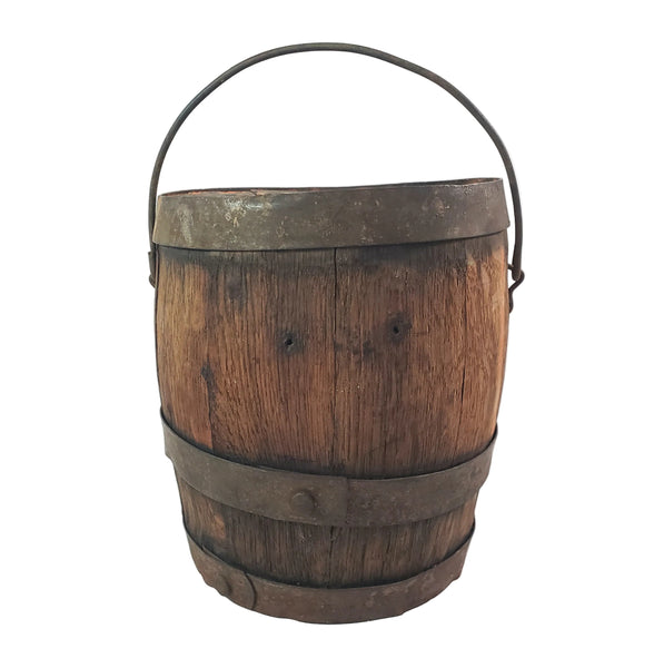 Antique Rustic Wooden Small Staved Paint Bucket Banded Early Orange Painted Base