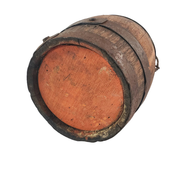 Antique Rustic Wooden Small Staved Paint Bucket Banded Early Orange Painted Base