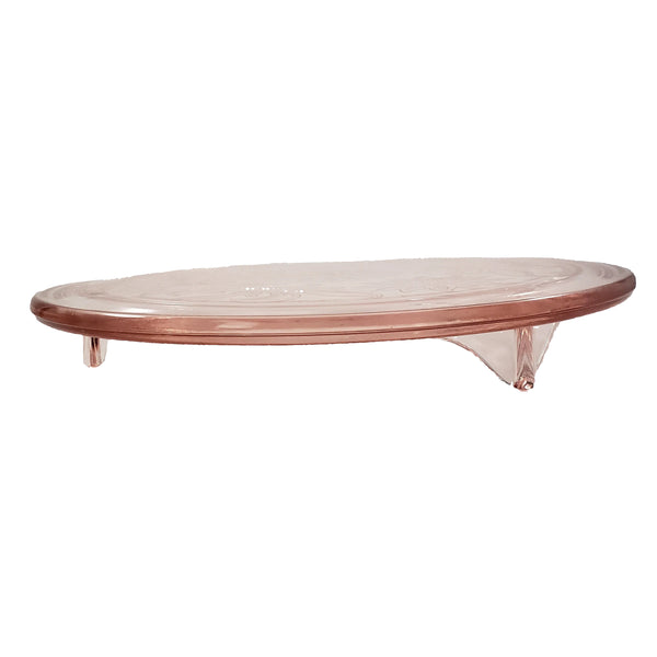 Vintage Pink Depression Glass Cake Plate Three Footed Sunflower by Jeannette 1930s
