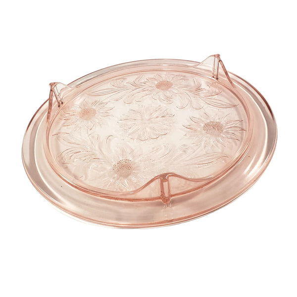 Vintage Pink Depression Glass Cake Plate Three Footed Sunflower by Jeannette 1930s