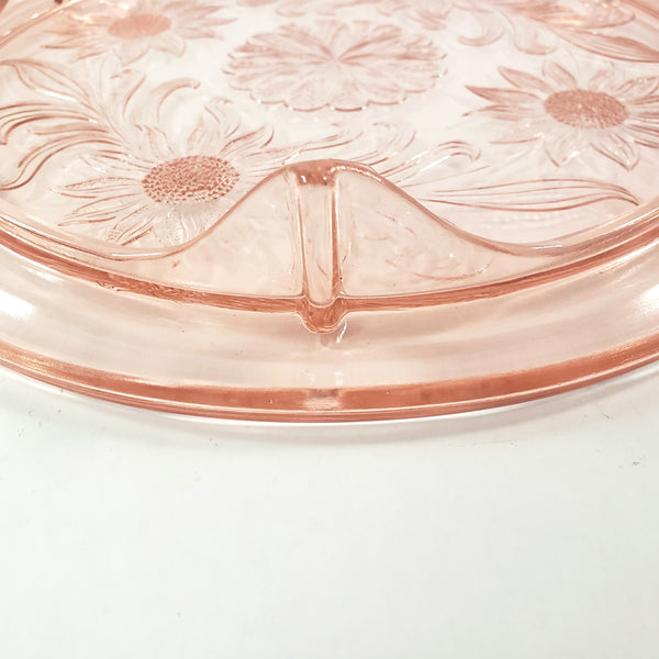 Vintage Pink Depression Glass Cake Plate Three Footed Sunflower by Jeannette 1930s