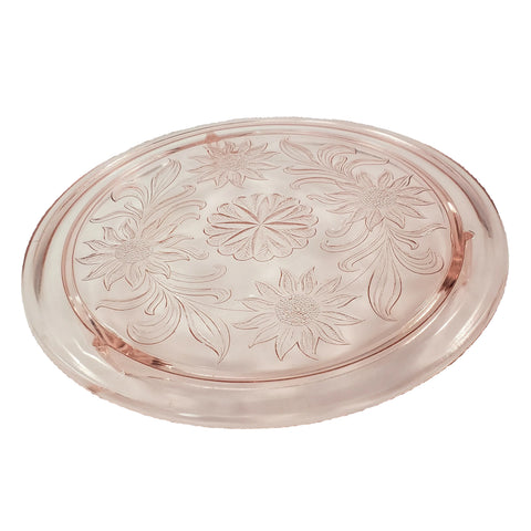 Vintage Pink Depression Glass Cake Plate Three Footed Sunflower by Jeannette 1930s
