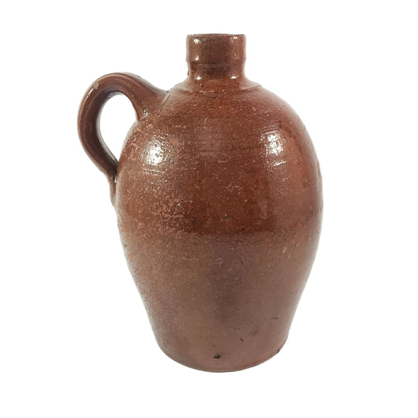 Antique Glazed Redware Handled Jug Orangish-Brown 2 Quarts Worn Primitive Décor