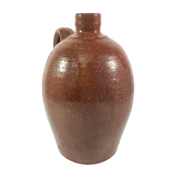 Antique Glazed Redware Handled Jug Orangish-Brown 2 Quarts Worn Primitive Decor