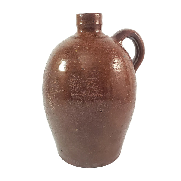 Antique Glazed Redware Handled Jug Orangish-Brown 2 Quarts Worn Primitive Decor