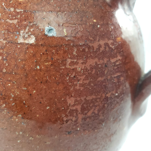 Antique Glazed Redware Handled Jug Orangish-Brown 2 Quarts Worn Primitive Decor