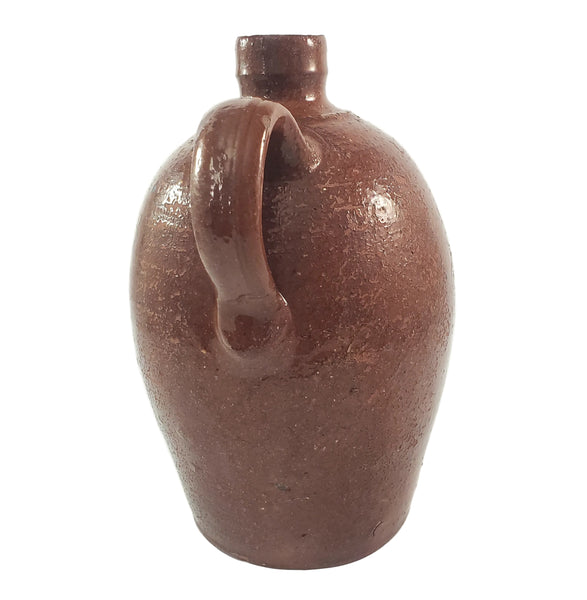 Antique Glazed Redware Handled Jug Orangish-Brown 2 Quarts Worn Primitive Decor