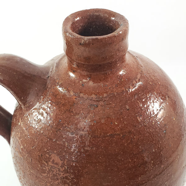 Antique Glazed Redware Handled Jug Orangish-Brown 2 Quarts Worn Primitive Decor