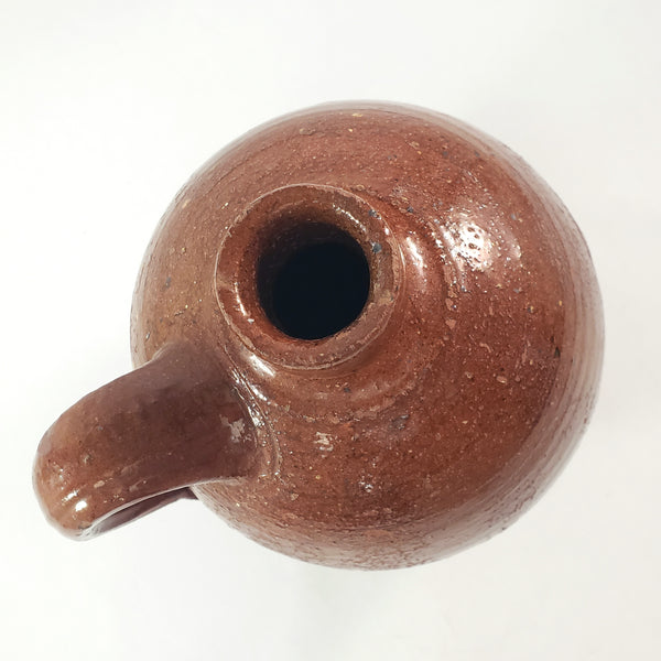 Antique Glazed Redware Handled Jug Orangish-Brown 2 Quarts Worn Primitive Decor